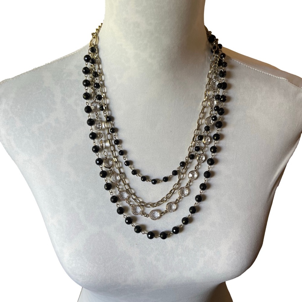 Ann Taylor Multi-strand Black & Clear Beaded Statement Necklace